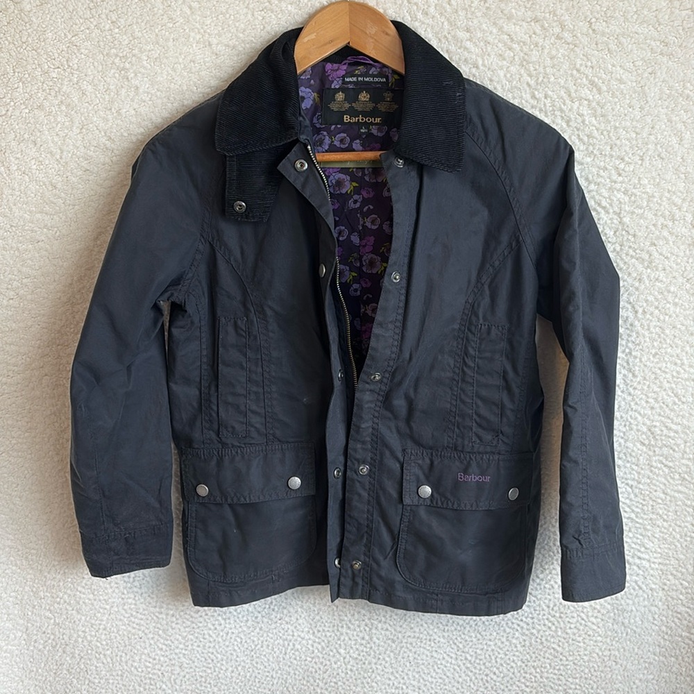 Barbour Navy Kids Raincoat with Purple Floral Lining